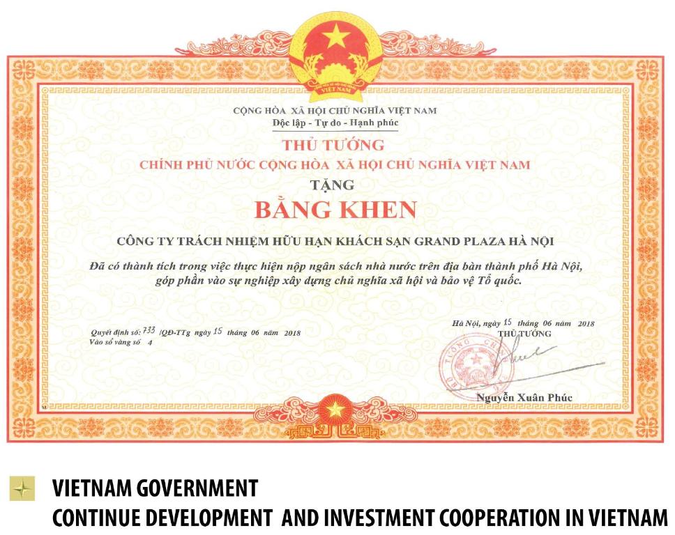 Certifikát, hodnocení, plakát nebo jiný dokument vystavený v ubytování Grand Plaza Hotel Hanoi