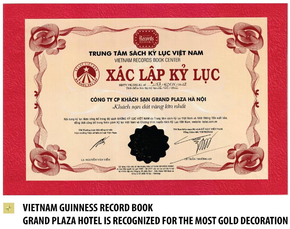 Certifikát, hodnocení, plakát nebo jiný dokument vystavený v ubytování Grand Plaza Hotel Hanoi