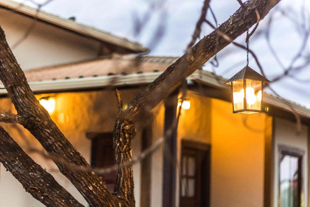 拉夫拉斯魯巴的住宿－Pé da Serra Suítes，挂在房子前面的树上的灯