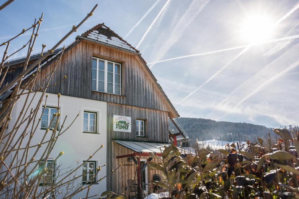 ein Holzgebäude mit der Sonne am Himmel in der Unterkunft Haus Steinhof in Sankt Lorenzen ob Murau