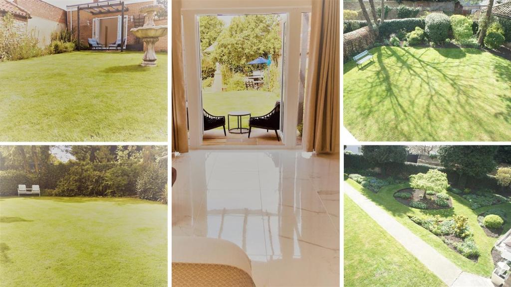 un collage de fotos de una ventana con vistas a un patio en Garden Room en Kirton in Lindsey