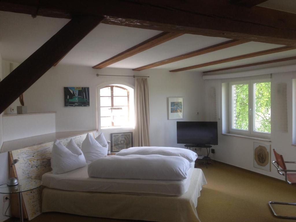 a bedroom with two beds and a flat screen tv at Pension Kunsthof Dahrenstedt in Dahrenstedt