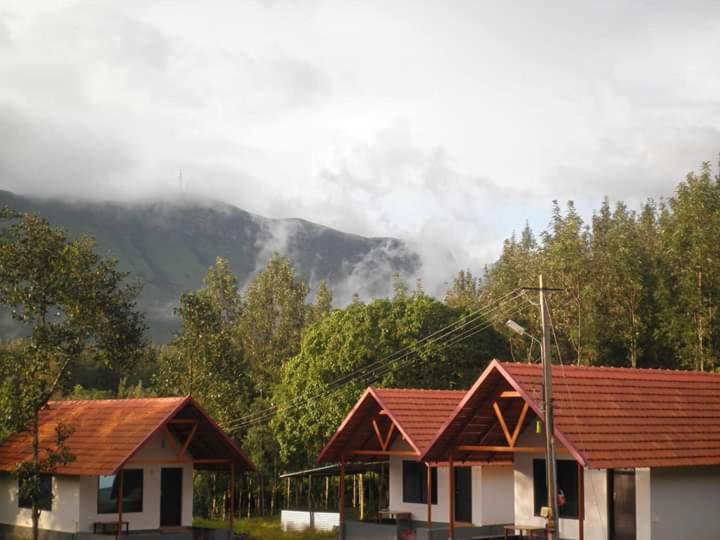 Deux maisons avec une montagne en arrière-plan dans l'établissement Vamoose Clover Leaf, à Chikmagalur