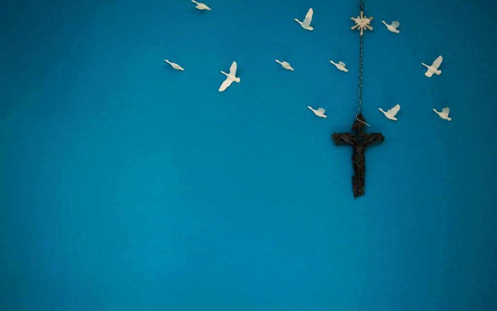 Fabio Room Cercola في سيركولا: مخلص مسيحي مع الطيور الطائرة حوله