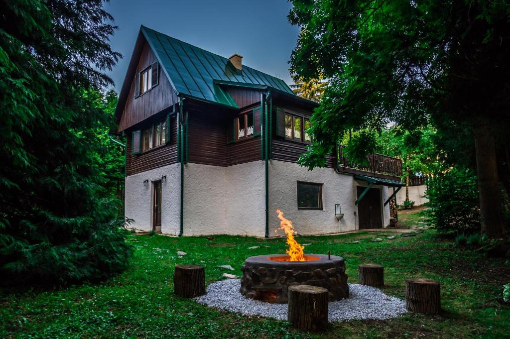 a fire pit in front of a house at Vaskúti Faház in Matraszentistvan