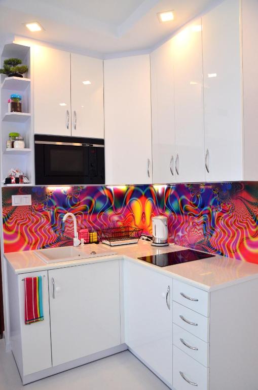 Kuchyň nebo kuchyňský kout v ubytování Apartament Pegaz