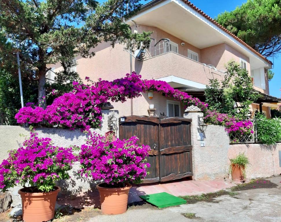 una casa con flores púrpuras delante de una valla en Casa Boutique Angelika en Porto Pozzo