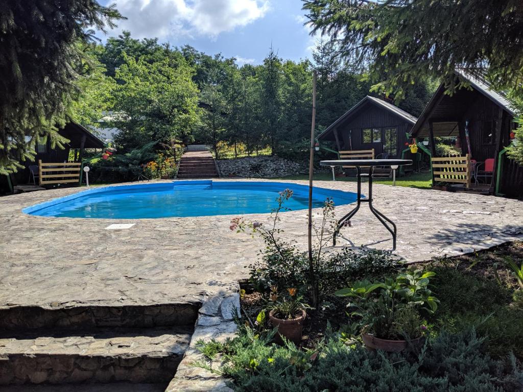 a swimming pool with a picnic table in a yard at Camping Robinson Country Club Oradea in Oradea