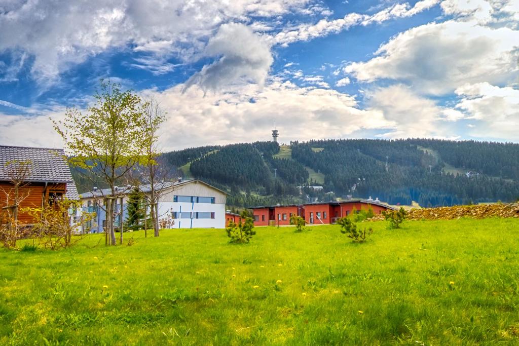 un campo de césped verde con una casa y una montaña en Aparthotel Klínovec Views, en Loucná pod Klínovcem