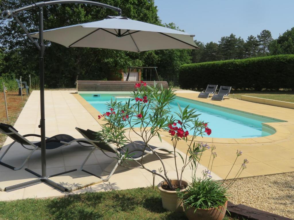 una sombrilla y sillas junto a la piscina en Le Coze, en Saint-Martial-de-Nabirat