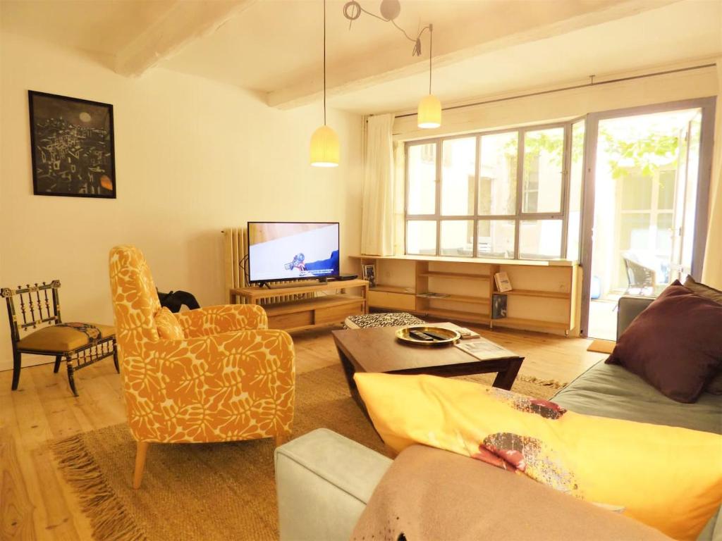 ein Wohnzimmer mit einem Sofa und einem TV in der Unterkunft L’IMPASSE DES BATELIERS- magnifique maison pour 7 in Arles