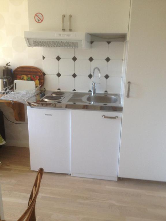 uma cozinha com um lavatório e um frigorífico em Långesjö lillstuga em Fjällbacka