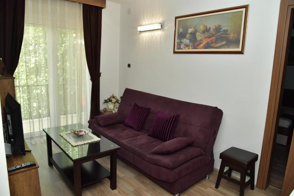 a living room with a couch and a table at Apartmani Centar Kumanovo in Kumanovo