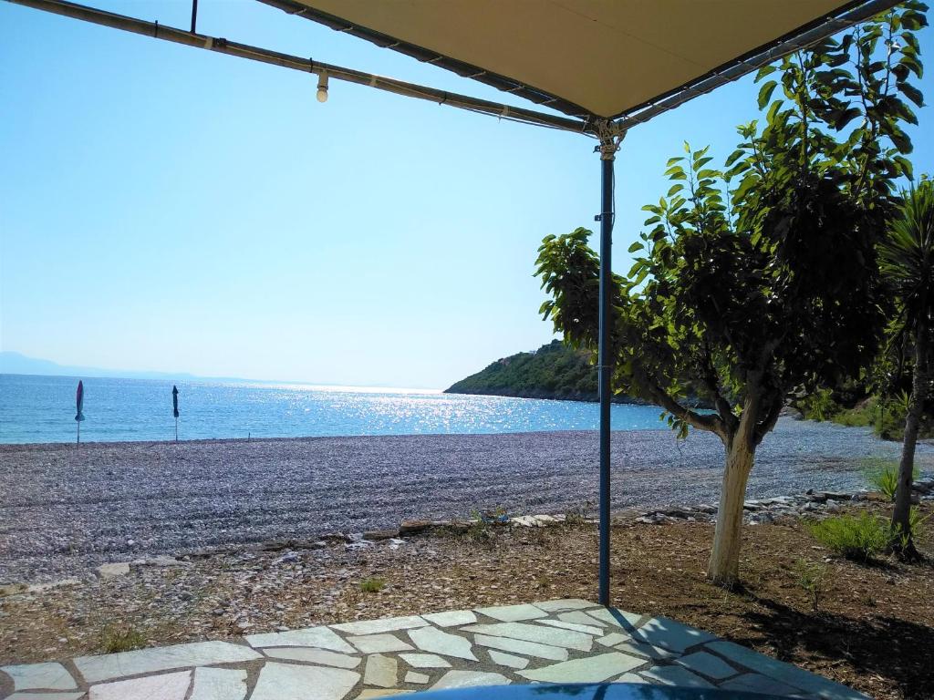 a view of a beach with a tree and the ocean at Mouragio Studios in Tyros