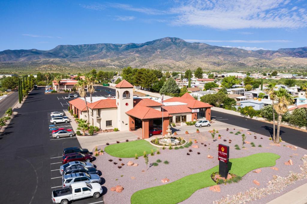 an aerial view of a small town with a church at Lux Verde Hotel in Cottonwood