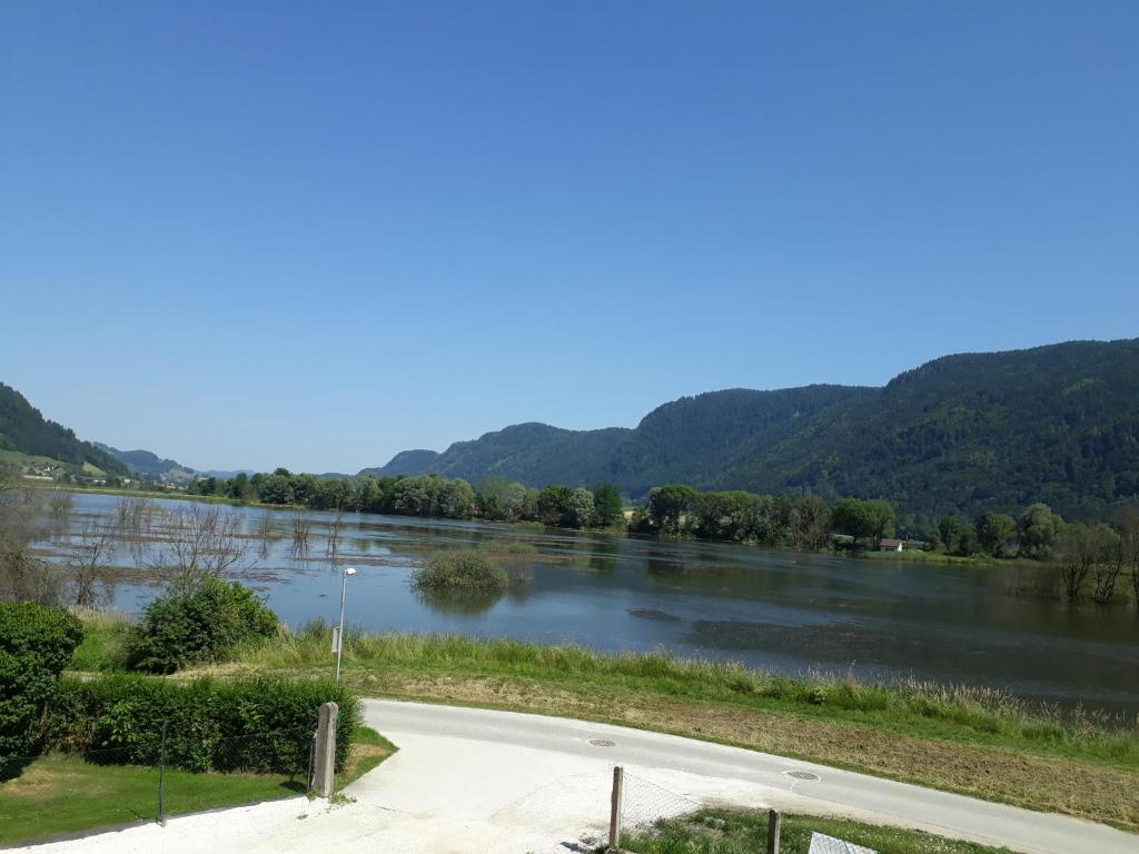 a view of a river with mountains in the background at Appartements Bleistattblick in Steindorf am Ossiacher See