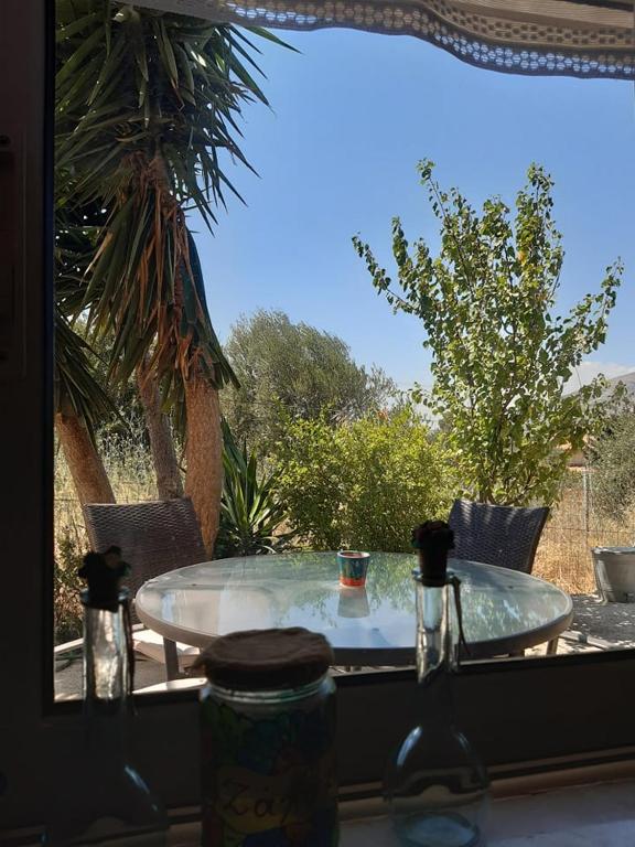 a glass table in front of a window at Dina in Palaia Fokaia