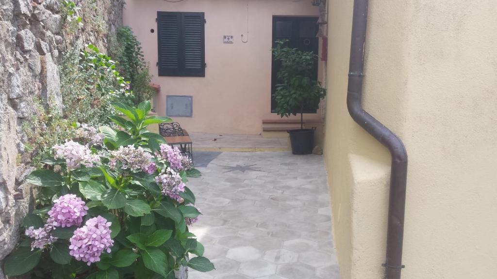 een tuin met bloemen en een gebouw met een raam bij La Casalina dell'Elba in Marciana