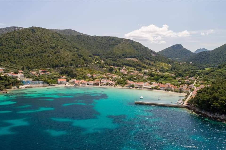 an aerial view of a beach with turquoise water at Marinja Studio in Žuljana