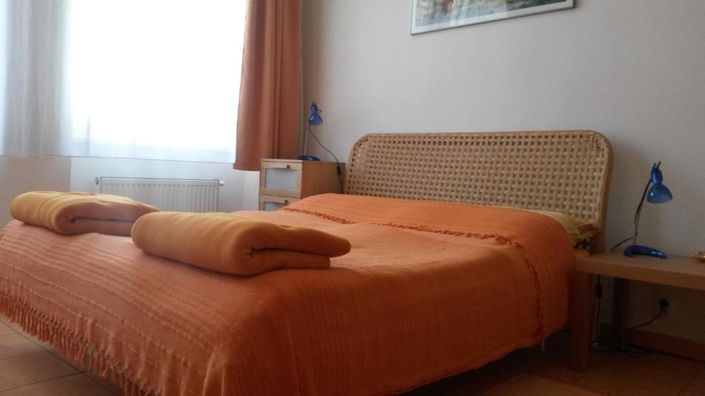 1 dormitorio con 1 cama con manta naranja en Aparthotel City 5, en Praga