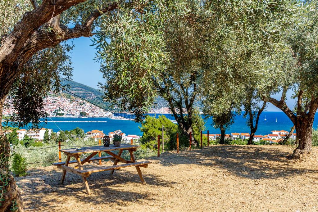 uma mesa de piquenique sob as árvores com vista para a água em Olive Grove Apartment em Skopelos