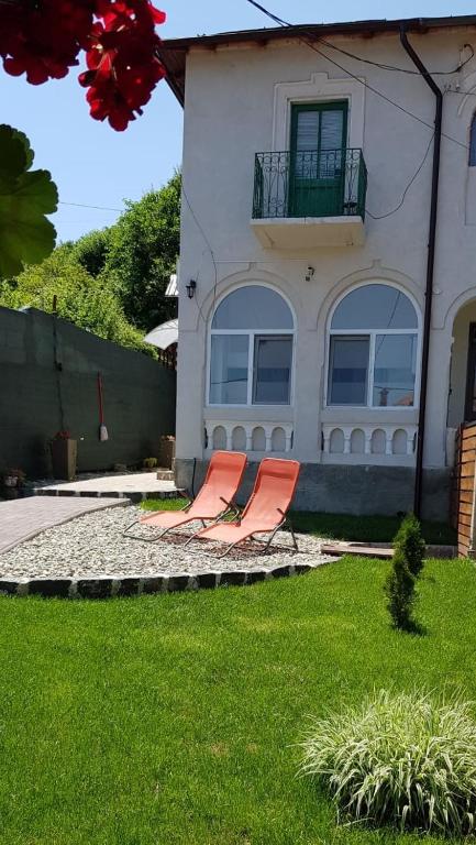 two chairs in a yard in front of a house at Căsuța cu Izvor in Călimăneşti