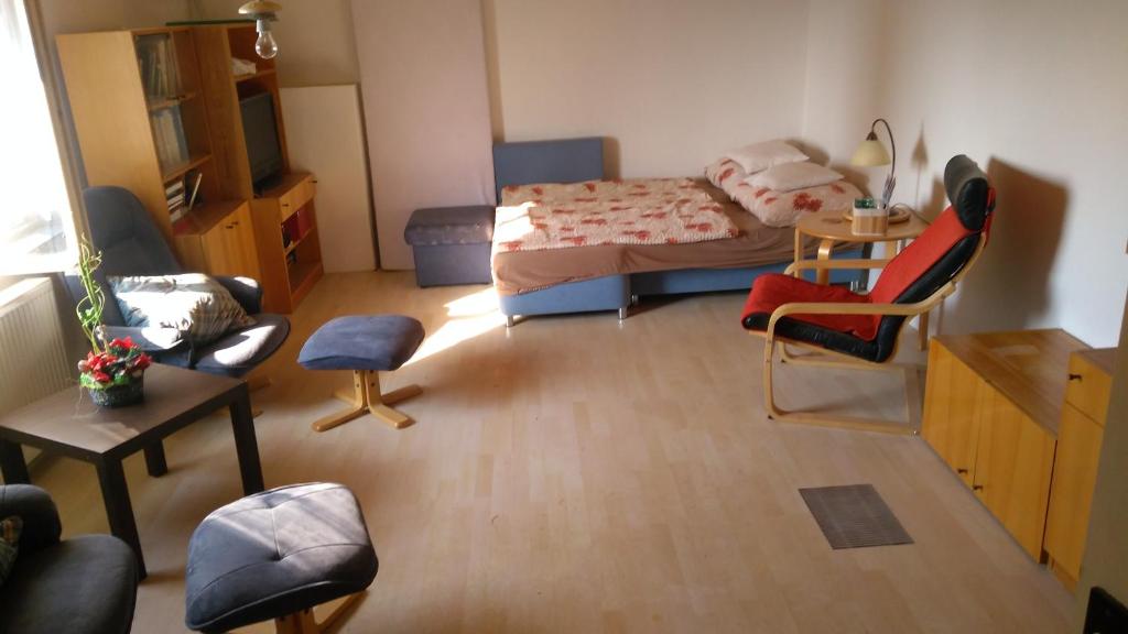 ein kleines Zimmer mit einem Bett, einem Tisch und Stühlen in der Unterkunft U babičky a jeji psí smečky in Veselíčko