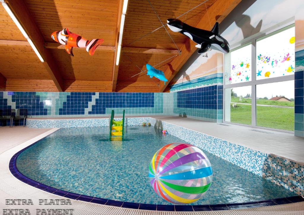 una piscina con una bola inflable y adornos de pescado en LIPNO WELLNESS - FRYMBURK HOTEL private family room en Frymburk