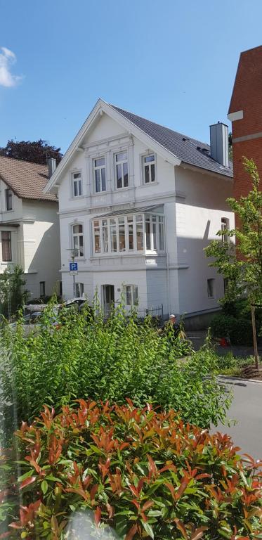 Uma casa branca com um monte de plantas à frente. em Im Dobbenviertel mit Terrasse 3 Doppelzimmer 98qm em Oldenburg