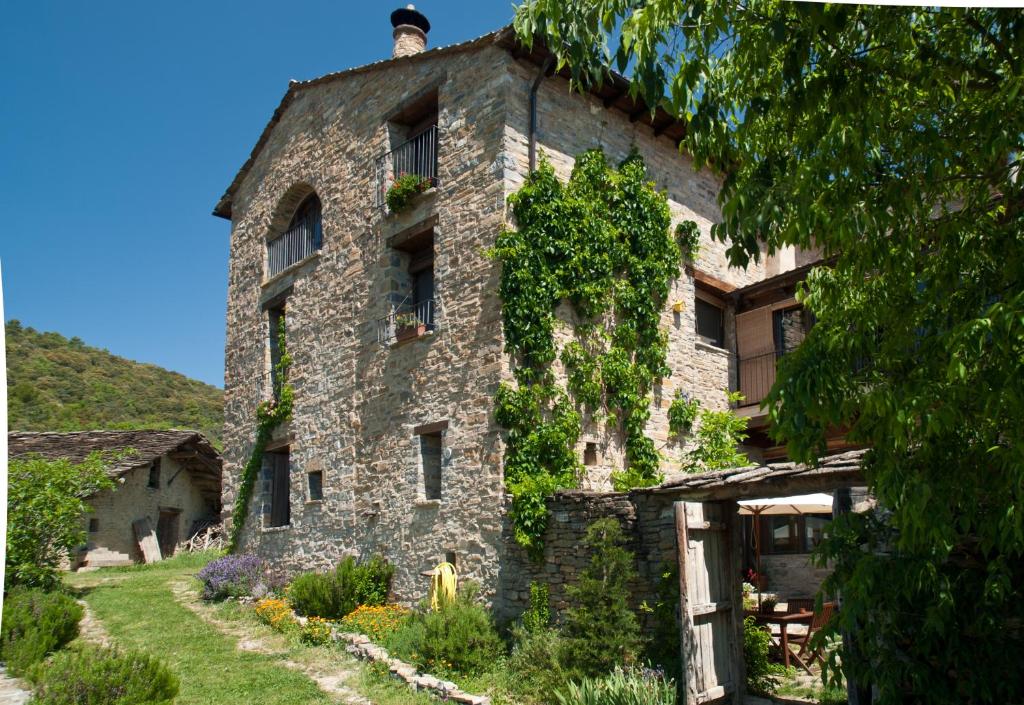 Ein altes Steingebäude mit Efeu drauf. in der Unterkunft O Chardinet d'a Formiga in Aínsa