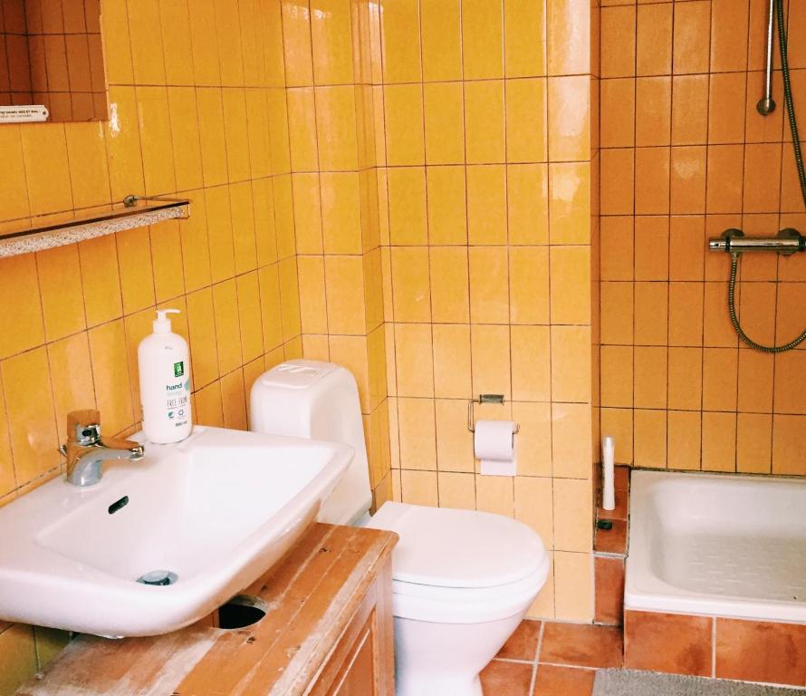 a bathroom with a sink and a toilet and a shower at Ebeltoft Midtby in Ebeltoft