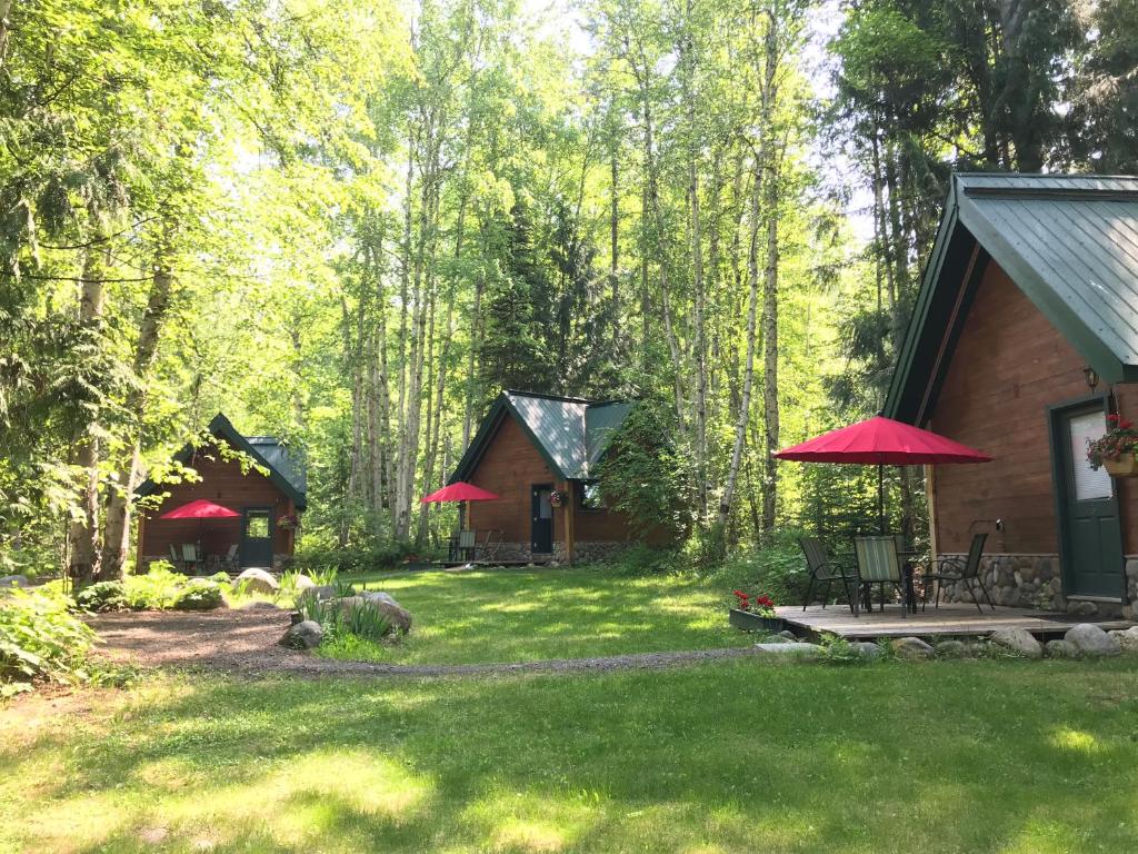 una cabaña en el bosque con sombrillas rojas en el patio en Across the Creek Cabins, en Clearwater