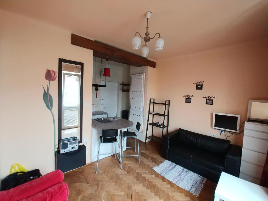 ein Wohnzimmer mit einem schwarzen Sofa und einem Tisch in der Unterkunft Studio Narutowicza in Warschau