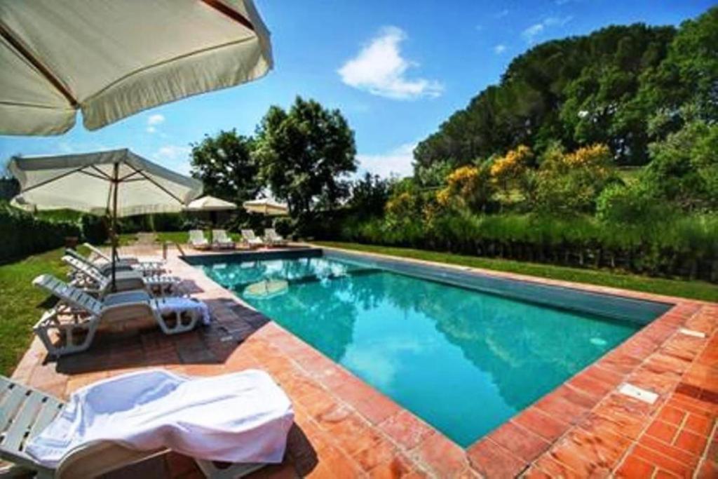 a swimming pool with chairs and an umbrella at Agriturismo Bellavista in Radicondoli