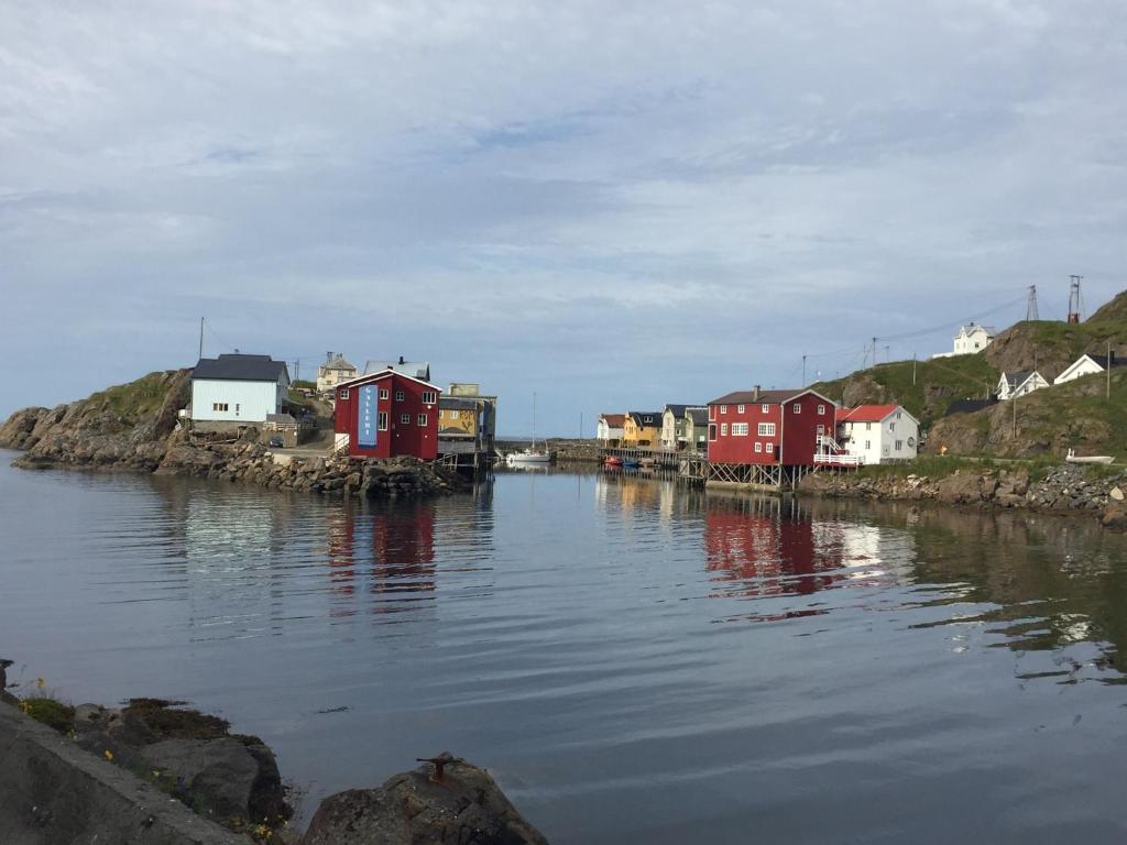 Nyksund的住宿－NyksundRom, Nyksund，海岸上一片水体,有房子