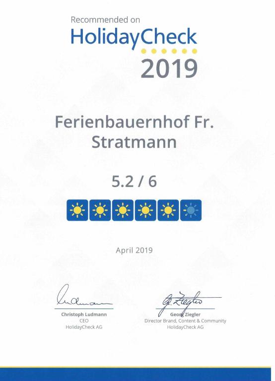 Certifikát, hodnocení, plakát nebo jiný dokument vystavený v ubytování Ferienbauernhof Familie Stratmann
