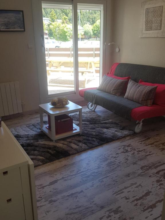 un salon avec un canapé et une table basse dans l'établissement Apart T2 pied pistes Pyrénées 2000 récemment rénové Wifi, à Bolquère-Pyrénées 2000