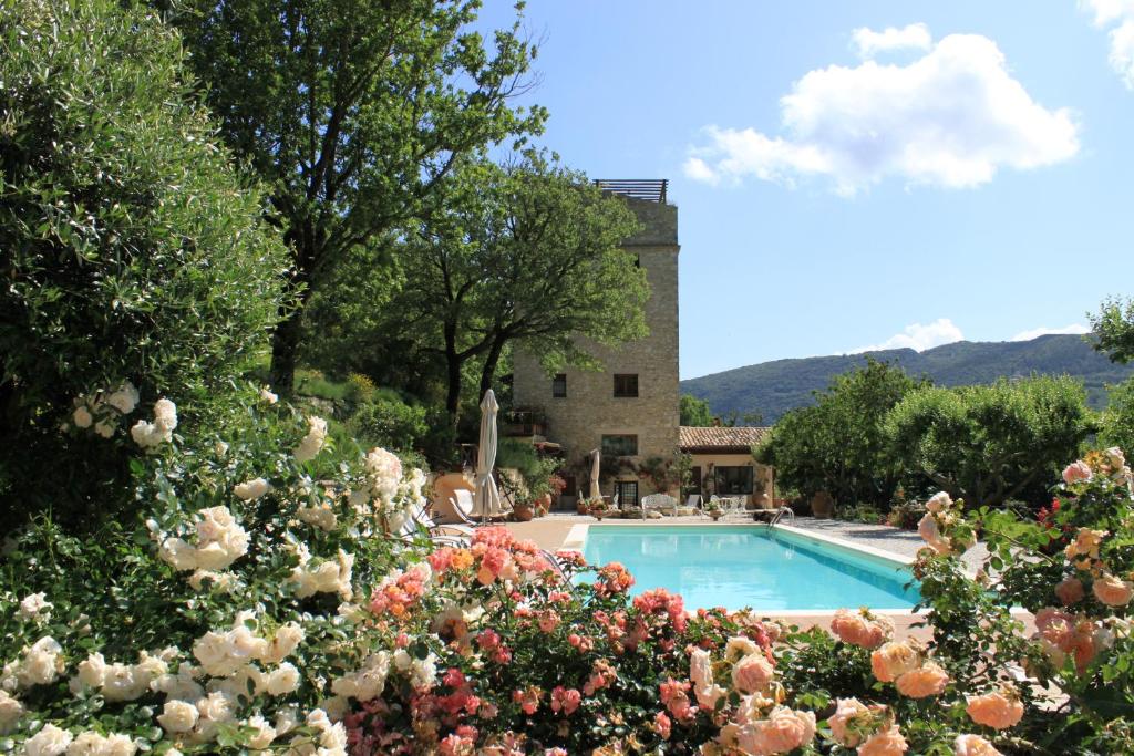 a swimming pool in a garden with flowers at Torre del Falco in Spoleto