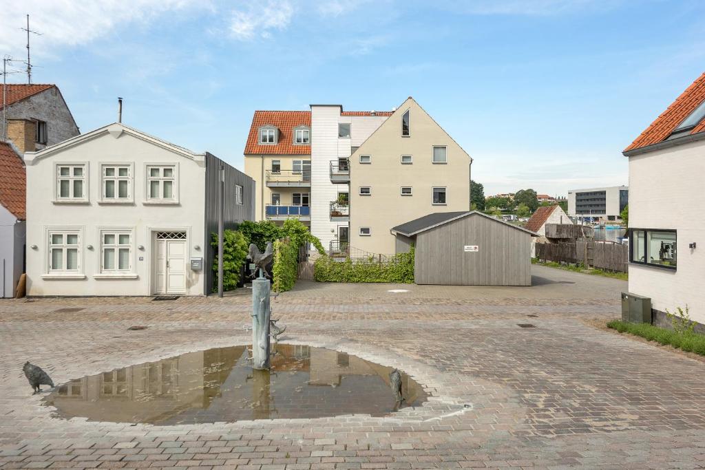 a puddle in the middle of a street with houses at Luxury City Center Harbour apartment 2 bedroom in Sønderborg