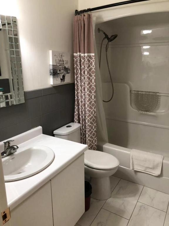 a bathroom with a sink and a toilet and a shower at Butterfly Manor in Niagara Falls