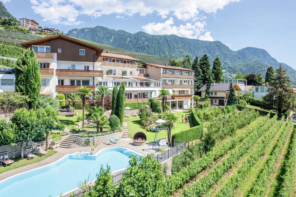 ein Resort mit einem Pool und einem Weinberg in der Unterkunft Hotel Walter in Schenna