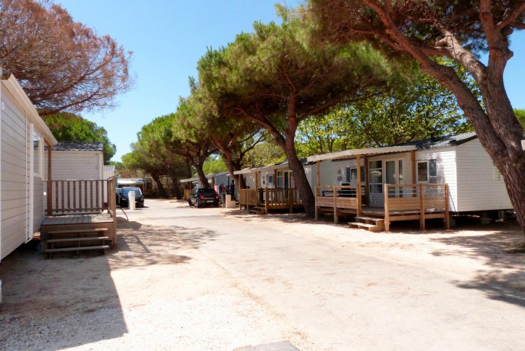 a row of mobile homes parked next to trees at Camping La Bergerie Plage in Hyères
