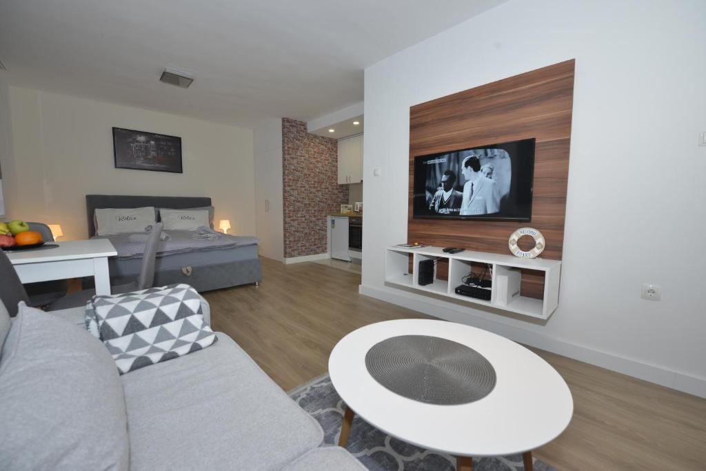 a living room with a couch and a tv at APARTMAN QUEEN in Mostar