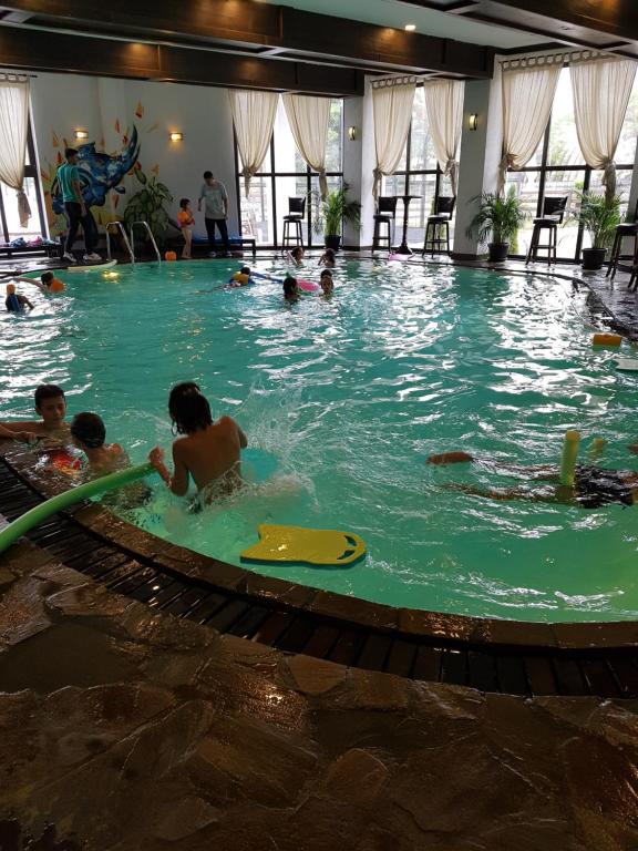 a group of people swimming in a swimming pool at Pension Casa Drumetului in Piatra Neamţ