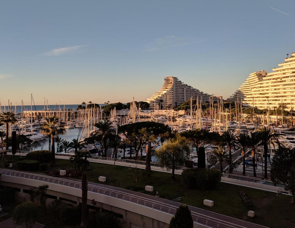 - une vue sur un port de plaisance avec des palmiers et des bâtiments dans l'établissement French Riviera Condo 4 Rent in Marina Baie des Anges, à Villeneuve-Loubet