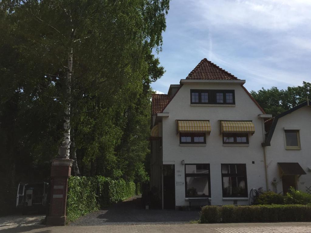 uma casa branca com uma árvore em frente em B&B de Druif em Breda