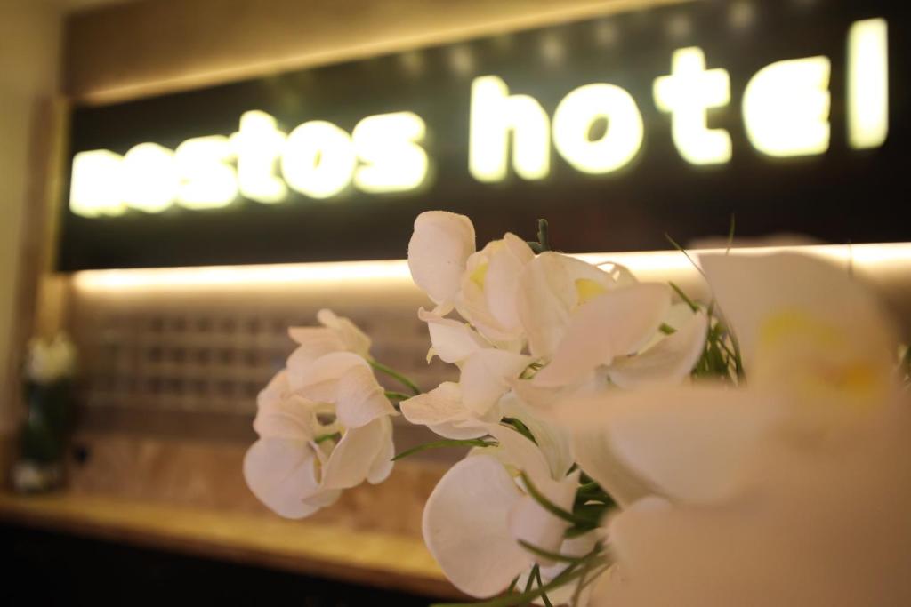 a bunch of white flowers in front of a store at Nostos Hotel in Afitos