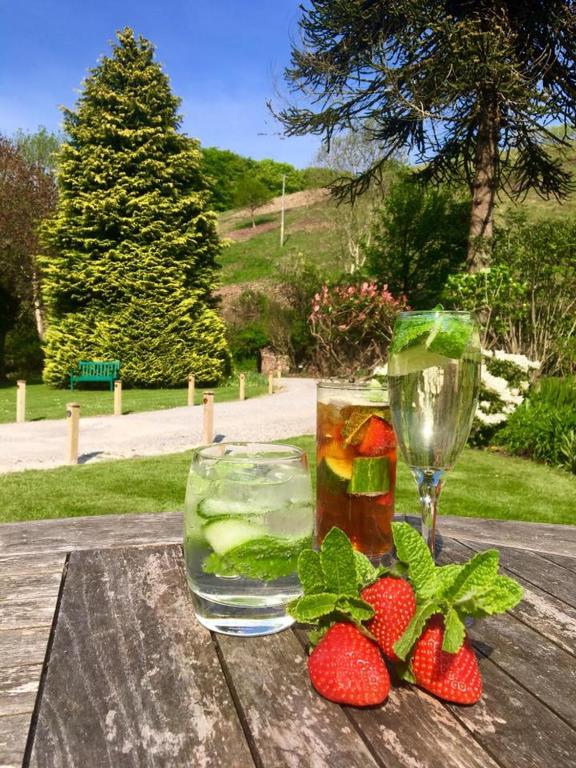 a wooden table with strawberries and a glass of wine at Combe House Hotel in Holford
