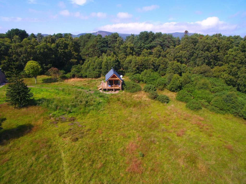 uma vista superior de uma cabina numa colina relvada em Birdwatcher's Cabin em Golspie