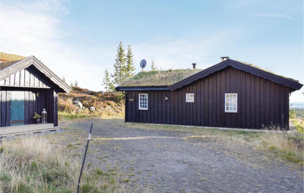 una casa nera con tetto in erba e un edificio di Gorgeous Home In Sjusjen With House A Mountain View a Sjusjøen